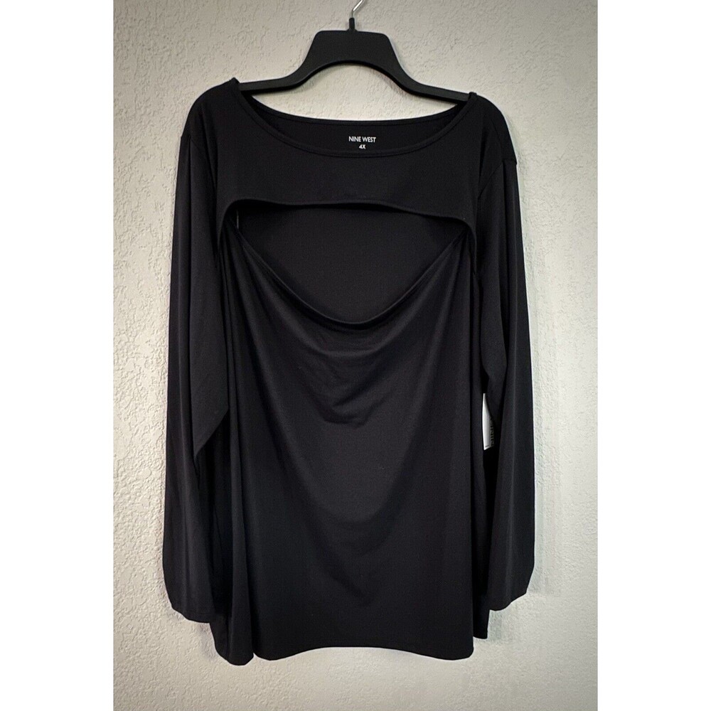 NINE WEST Womens Plus Black Long Sleeve Fitted Top with Chest‎ Cutout 4X NWT